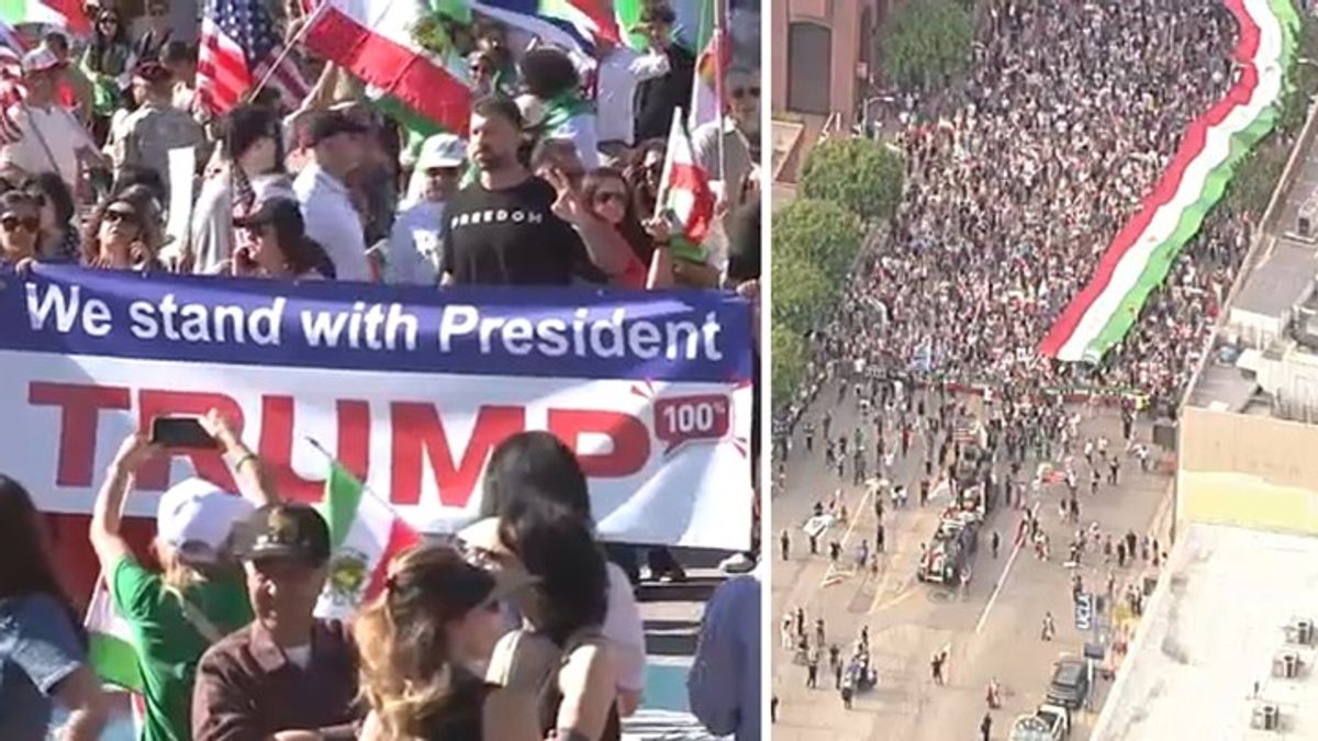 Large crowd rallies in Westwood, celebrating Khamenei's death and ...