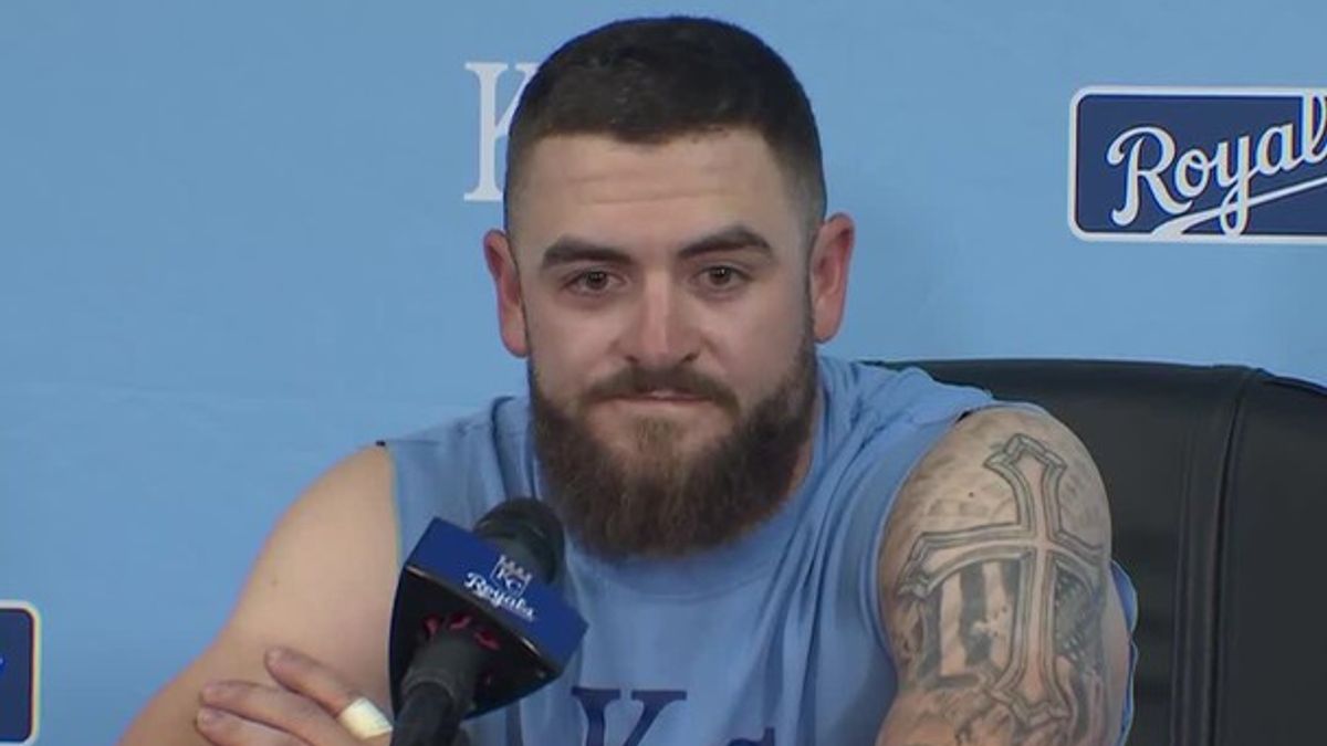 Kyle Isbel speaks to the media after the Royals win against the Twins ...