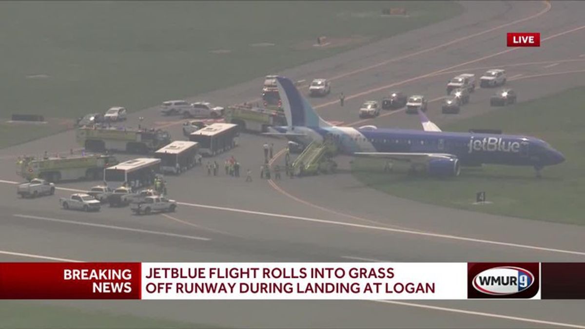 JetBlue flight rolls into grass off runway during landing at Logan ...